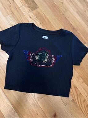 Boys Lie Black Crop Top with Multicolor Gem Wing Motif